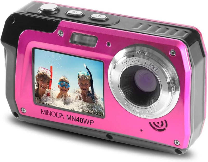 Minolta MN40WP 48MP Waterproof Digital Camera – Dual LCD Screens, 2.7K QHD Video, 16x Digital Zoom, Anti-Shake, Face Detection, 10ft Waterproof (Pink) - Image 1